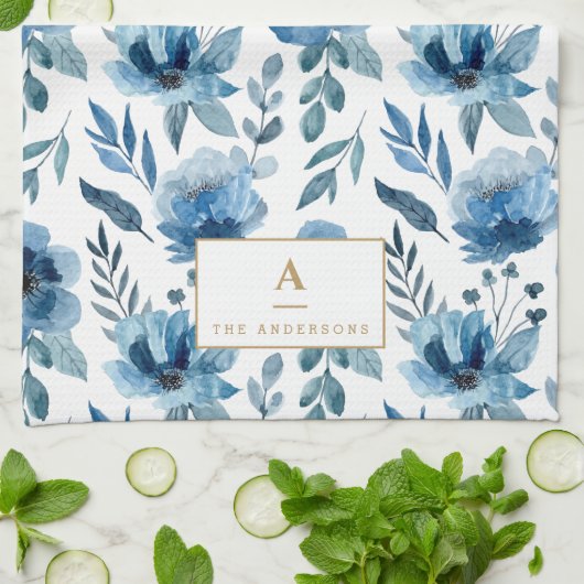 Linge De Cuisine Monogramme de fleurs d'aquarelle bleu marine (Plié)