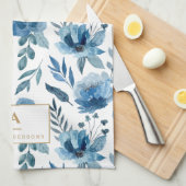 Linge De Cuisine Monogramme de fleurs d'aquarelle bleu marine (Quart Plié)