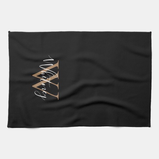 Linge De Cuisine  Monogramme de nom de script en or noir  (Horizontal)