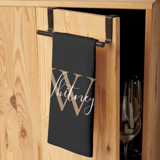 Linge De Cuisine Monogramme de nom de script en or noir (Pliage en tiers)