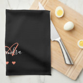 Linge De Cuisine Monogramme de nom de script rose noir élégant (Quart Plié)