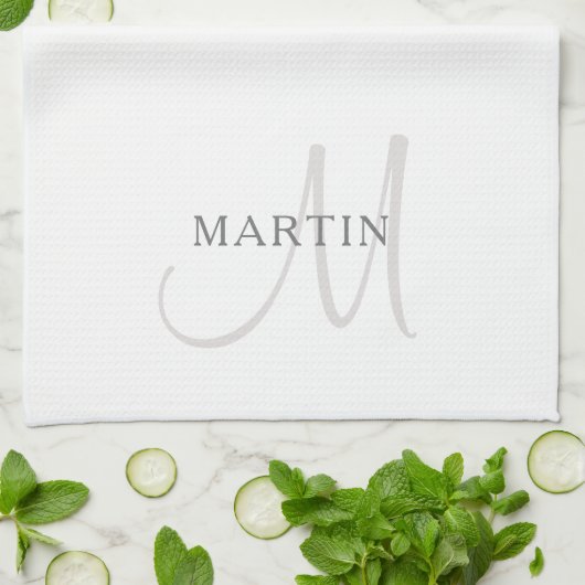Linge De Cuisine Monogramme de nom élégant | Blanc & Gris (Plié)