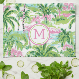 Linge De Cuisine Monogramme de palmier tropical rose et vert de Pre