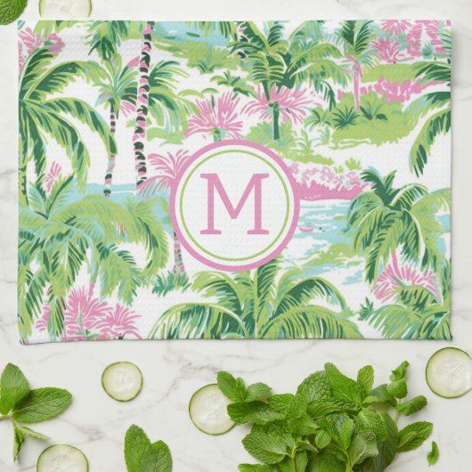 Linge De Cuisine Monogramme de palmier tropical rose et vert de Pre (Plié)