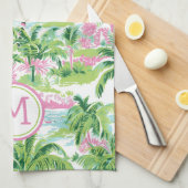Linge De Cuisine Monogramme de palmier tropical rose et vert de Pre (Quart Plié)