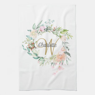 Linge De Cuisine Monogramme de roses florales en or et écriture scr