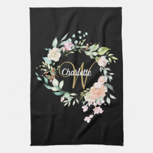 Linge De Cuisine Monogramme de roses florales or noir
