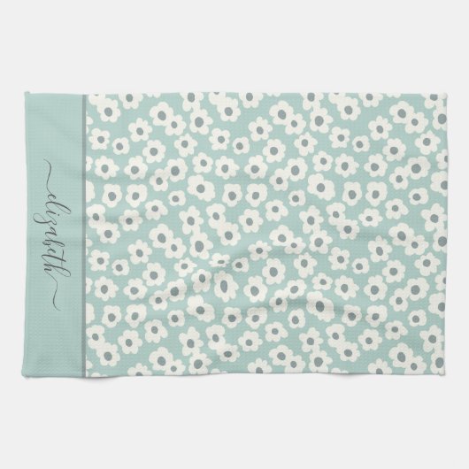 Linge De Cuisine Monogramme de script Boho Sage Vert Blanc Gris Flo (Horizontal)