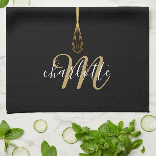 Linge De Cuisine Monogramme de script de Whisk d'or noir (Plié)