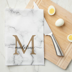 Linge De Cuisine Monogramme de script féminin or marbre moderne