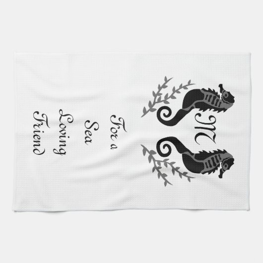Linge De Cuisine Monogramme de silhouette de cheval de mer noir (Horizontal)