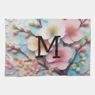 Linge De Cuisine Monogramme dentelle rose pastel fleurs de cerisier