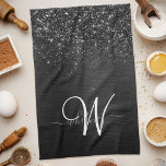 Linge De Cuisine Monogramme d'étincelle à Parties scintillant noire<br><div class="desc">Personnalisez facilement ce design élégant et branché de serviettes de cuisine avec une jolie parties scintillant brillante noire sur un arrière - plan métallique brossé noir.</div>