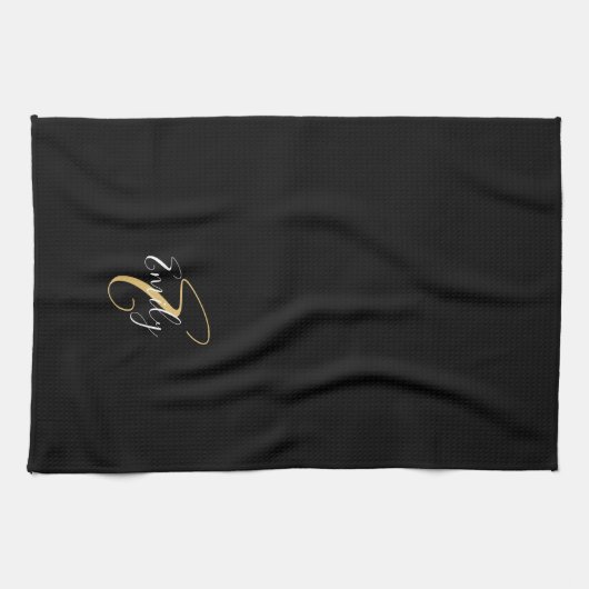 Linge De Cuisine Monogramme d'or noir moderne élégant Nom du script (Horizontal)