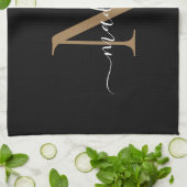 Linge De Cuisine Monogramme d'or noir moderne élégant Nom du script (Plié)