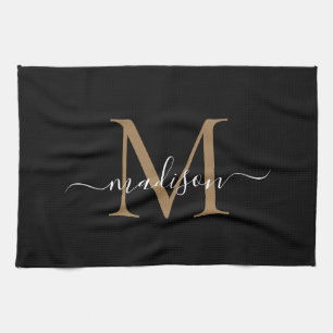 Linge De Cuisine Monogramme d'or noir moderne élégant Nom du script
