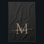 Linge De Cuisine Monogramme d'or noir moderne élégant Nom du script<br><div class="desc">Moderne élégant élégant noir monogramme or noir Nom du script Serviette de cuisine</div>