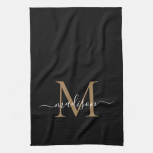 Linge De Cuisine Monogramme d'or noir moderne élégant Nom du script