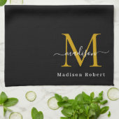 Linge De Cuisine Monogramme d'or noir moderne Script initial person (Plié)