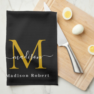Linge De Cuisine Monogramme d'or noir moderne Script initial person