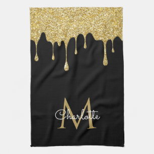 Linge De Cuisine Monogramme élégant de gouttes de paillettes dorées
