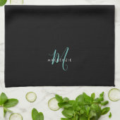 Linge De Cuisine Monogramme élégant moderne noir sarcelle écriture (Plié)