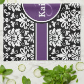 Linge De Cuisine Monogramme élégant violet noir blanc Damas (Plié)