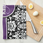 Linge De Cuisine Monogramme élégant violet noir blanc Damas (Quart Plié)
