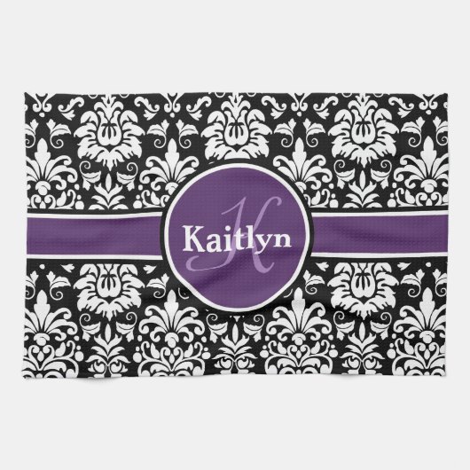 Linge De Cuisine Monogramme élégant violet noir blanc Damas (Horizontal)