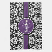 Linge De Cuisine Monogramme élégant violet noir blanc Damas (Vertical)