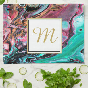 Linge De Cuisine Monogramme en marbre rose et vert