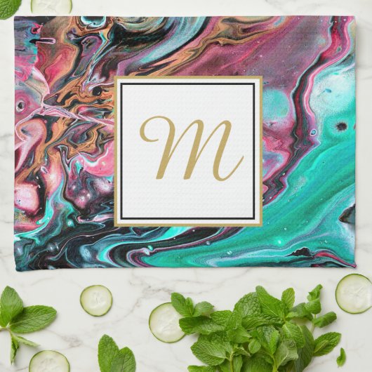 Linge De Cuisine Monogramme en marbre rose et vert (Plié)