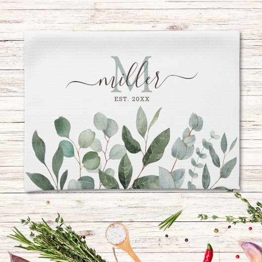 Linge De Cuisine Monogramme feuilles de eucalyptus vert sauge
