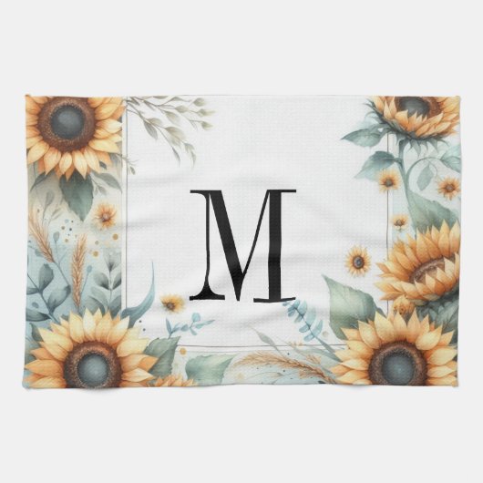 Linge De Cuisine Monogramme Fleurs de chute et fleurs de soleil aqu (Horizontal)