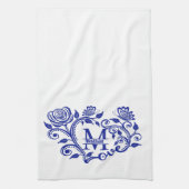 Linge De Cuisine Monogramme floral bleu et blanc M (Vertical)