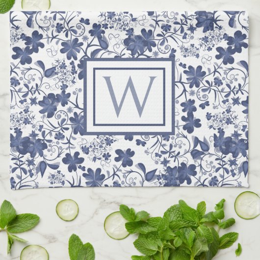 Linge De Cuisine Monogramme floral bleu et gris (Plié)