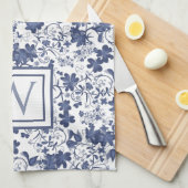 Linge De Cuisine Monogramme floral bleu et gris (Quart Plié)
