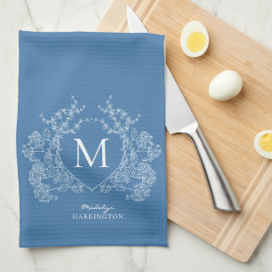 Linge De Cuisine Monogramme Floral Bleu Moderne