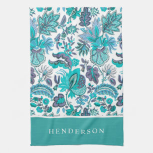 Linge De Cuisine Monogramme Floral Bohème Vintage Bleu