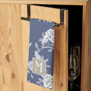 Linge De Cuisine Monogramme floral de la Chinoiserie bleue