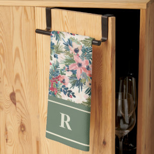 Linge De Cuisine Monogramme Floral de Noël Moderne