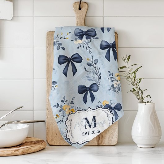 Linge De Cuisine Monogramme Floral Élégant avec Ruban Bleu Personna