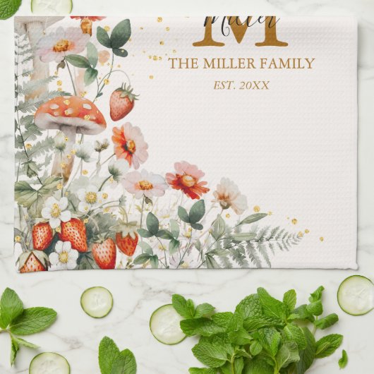 Linge De Cuisine Monogramme Forêt Champignons Fleurs Florales botan (Plié)