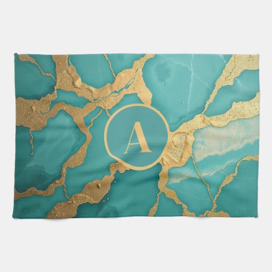 Linge De Cuisine Monogramme Gold & Marbre Turquoise Luxe (Horizontal)