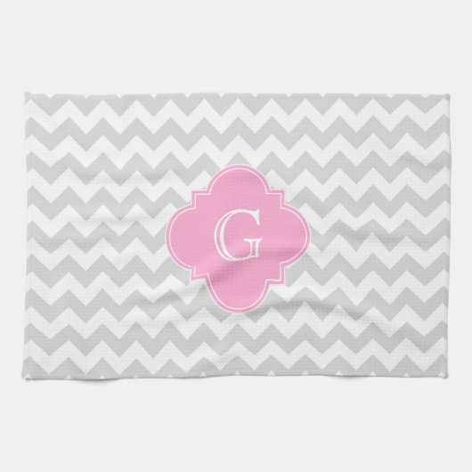 Linge De Cuisine Monogramme gris clair blanc Chevron rose Quatrefoi (Horizontal)