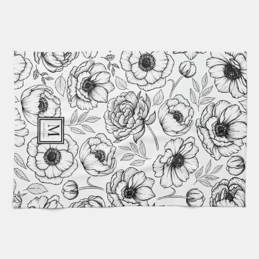 Linge De Cuisine Monogramme Initial à Motif Floral Élégant (Horizontal)