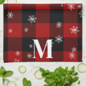 Linge De Cuisine Monogramme Initial à Plaid Rouge et Flocons d'Hive (Plié)