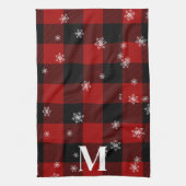Linge De Cuisine Monogramme Initial à Plaid Rouge et Flocons d'Hive (Vertical)