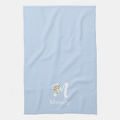 Linge De Cuisine Monogramme initial beige botanique aquarelle bleu (Vertical)