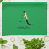 Linge De Cuisine Monogramme initial botanique à l'aquarelle vert (Plié)